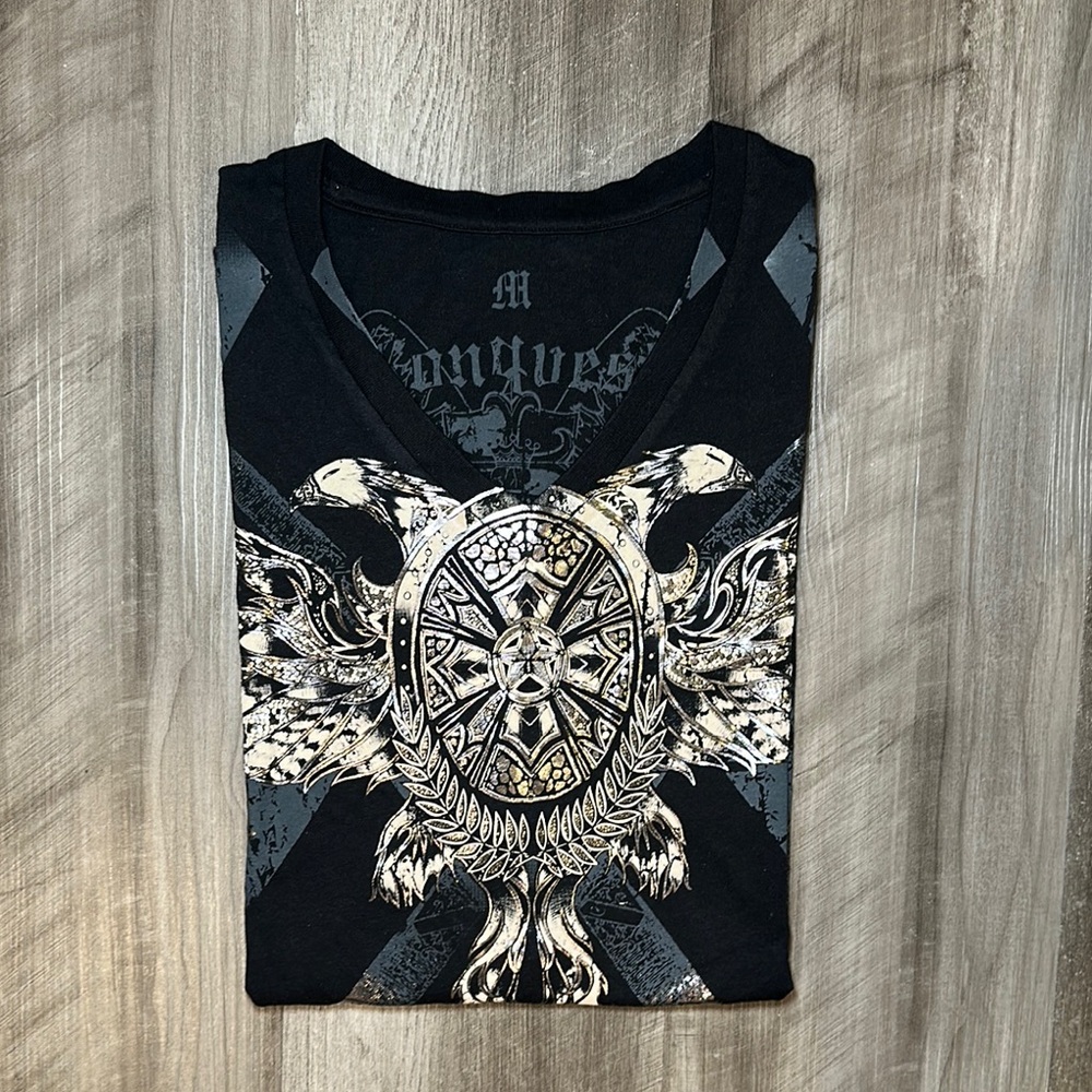 Konquesf Metallic Studded V-Neck Y2K Tee - Medium